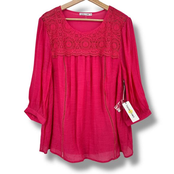 Figueroa & Flower Boho Peasant Floral Lace Tunic Shirt Plus Sz 1X Fuchsia Pink - Picture 1 of 6